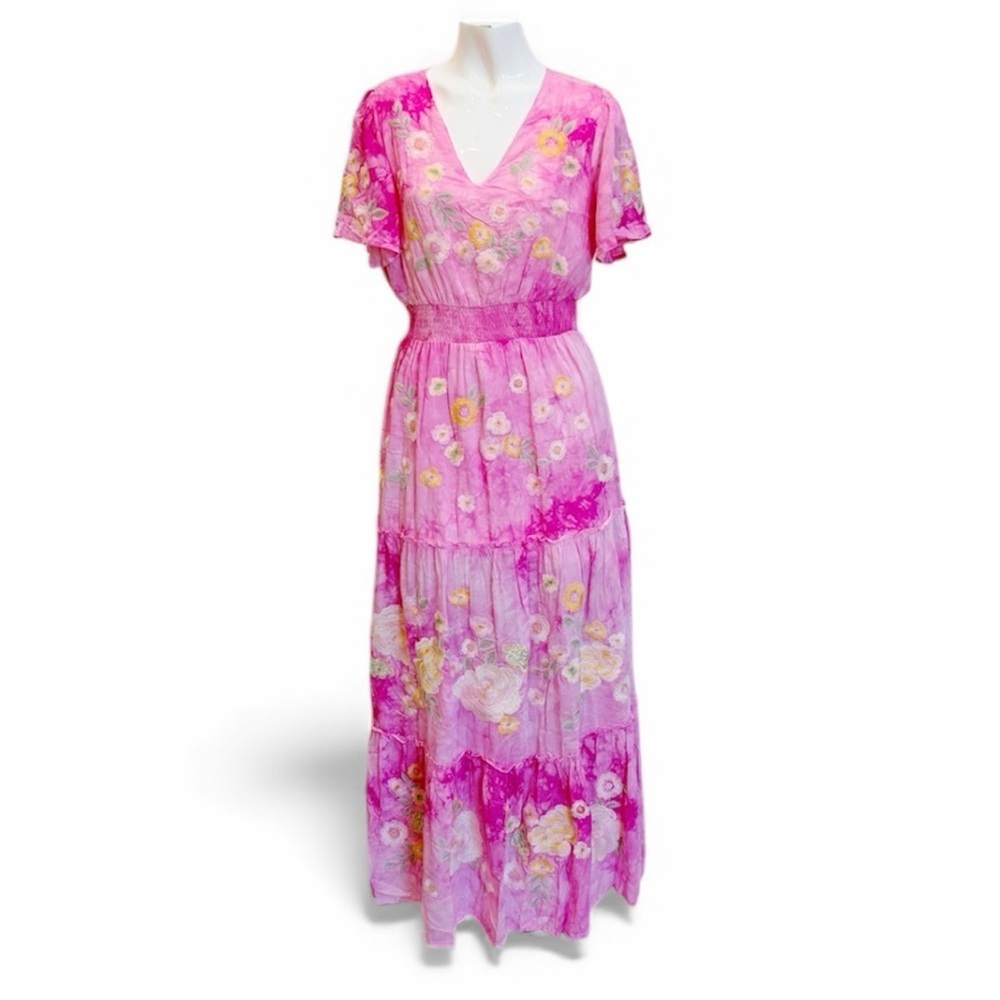 Savanna Jane Pink Tie Dye Embroidered Maxi Dress Boho Peasant V-neck Smocked